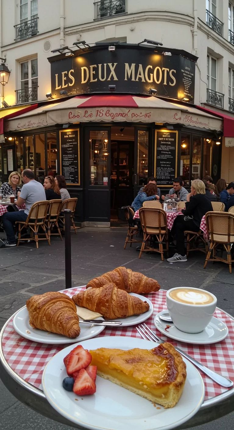 A classic Parisian café in Saint-Germain with croissants and tea